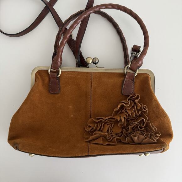 Patricia Nash Rora Frame Satchel Bag Brown Suede Leather Tan Flower Appliqué - Picture 5 of 10